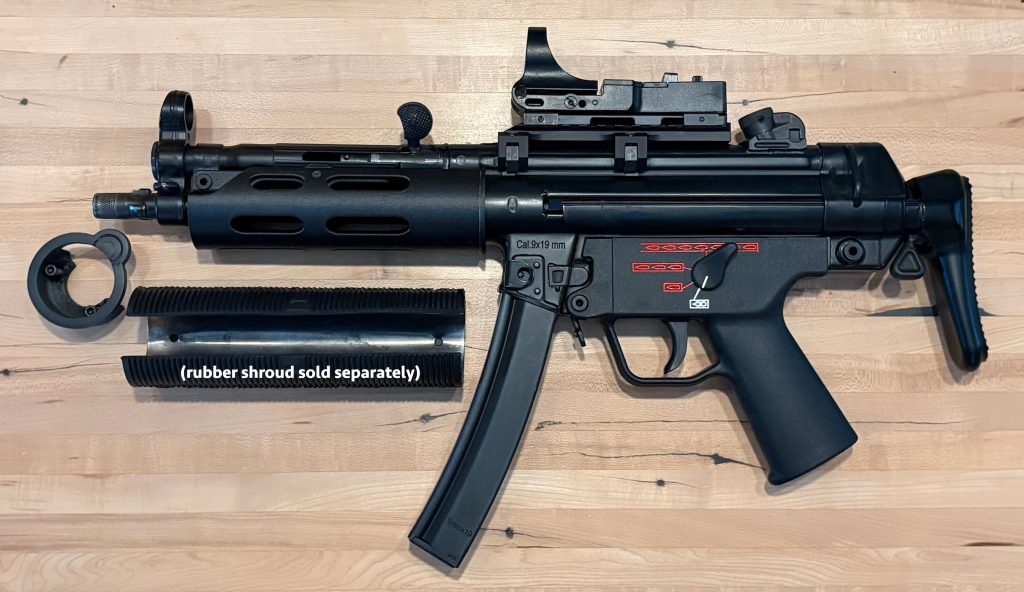 A picture of the BL-SD adapter partly installed onto an MP5. A Broad River Tactical SD shroud, sold separately, appears below.